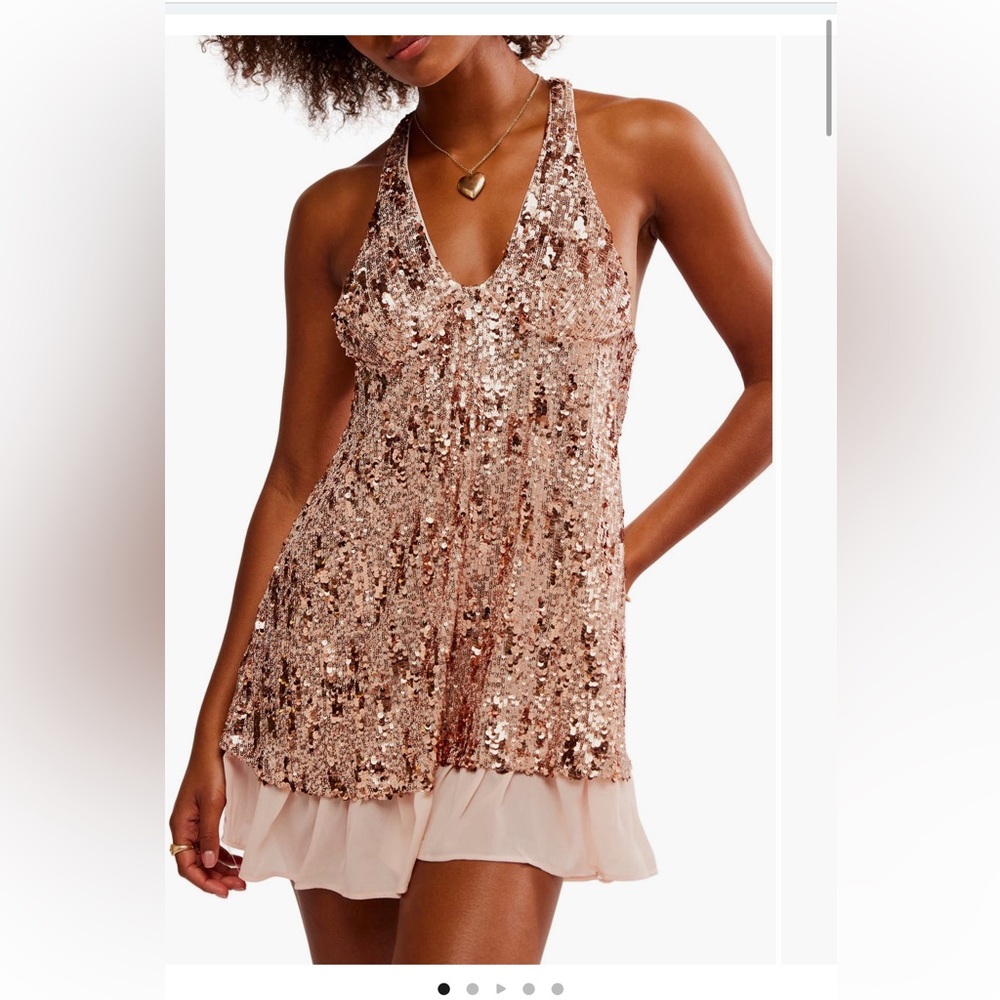 Rose Gold Free People Bejeweled halter neck slip dress xs